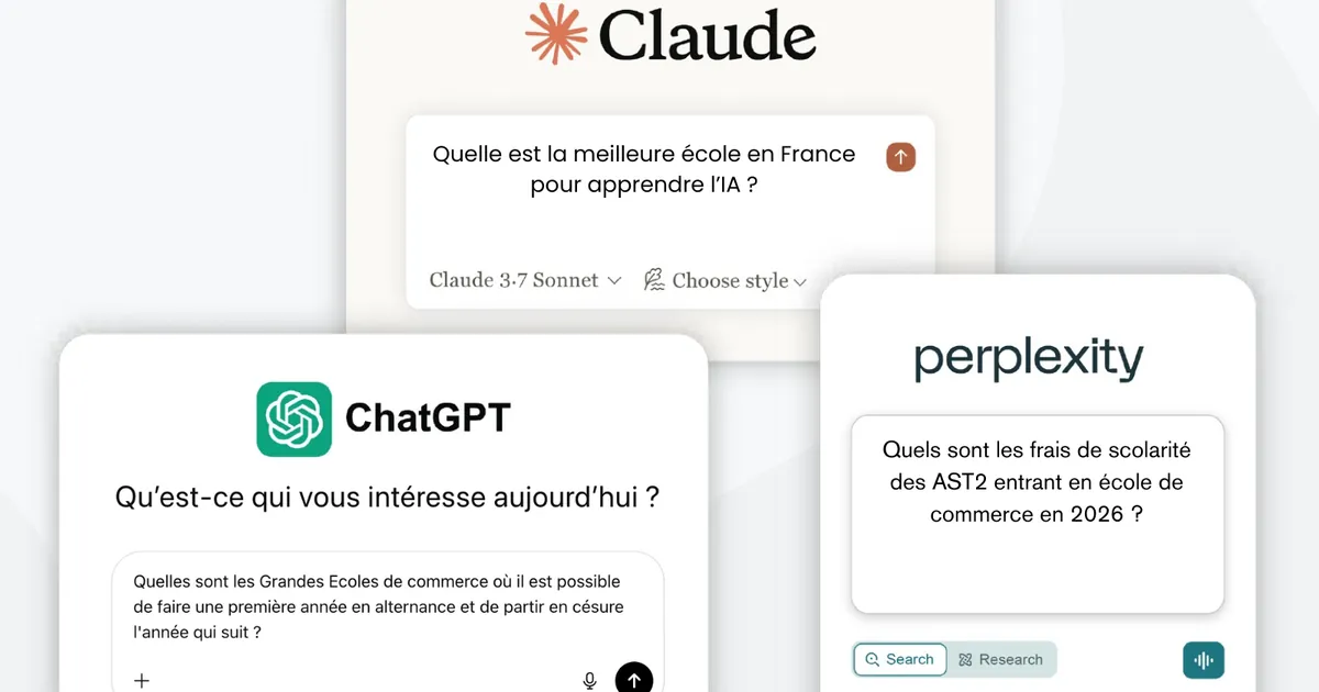 Interfaces de Claude, ChatGPT et Perplexity affichant des questions posées directement à une IA plutôt qu'à Google